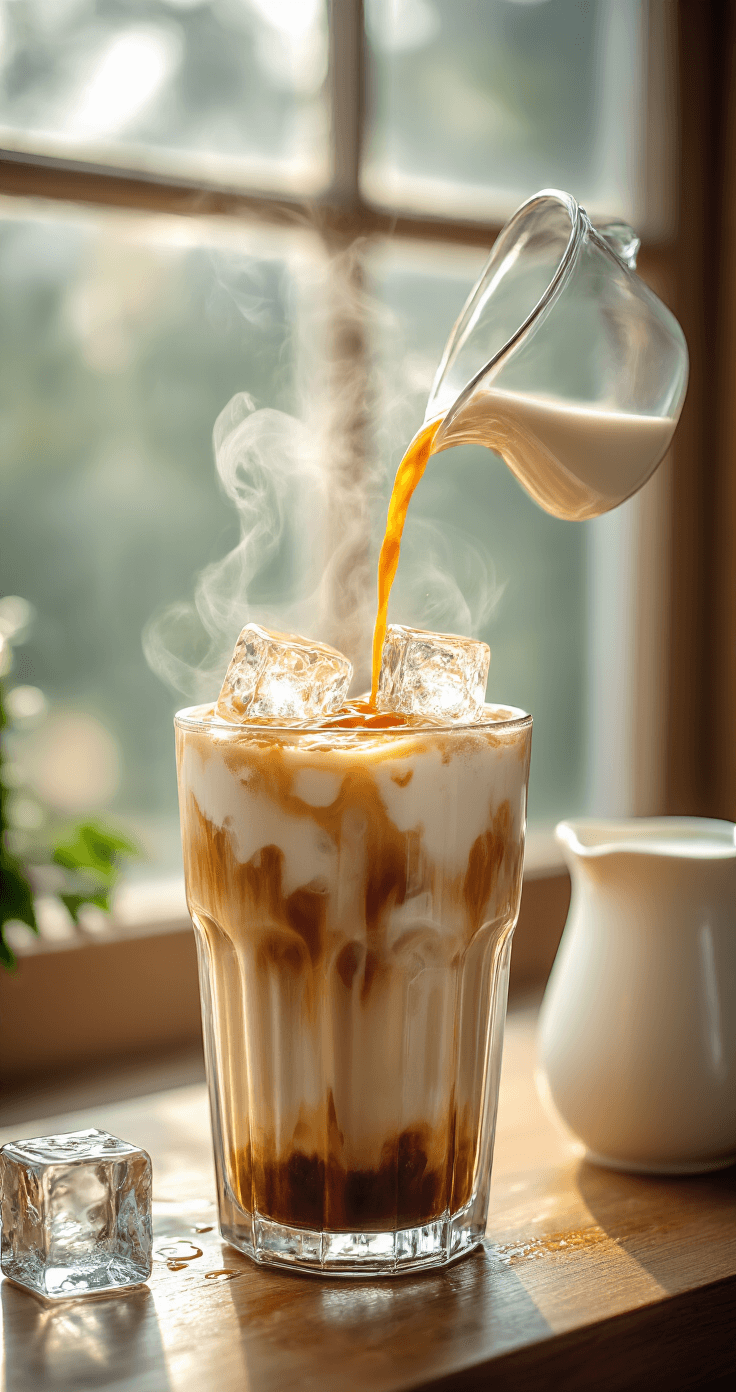 Classic Iced Latte: The Ultimate Refreshing Coffee Drink Dynamic overhead shot of iced latte preparation, featuring golden espresso pouring over ice cubes in a tall glass, with creamy milk swirling in a pitcher nearby, all illuminated by soft natural light.