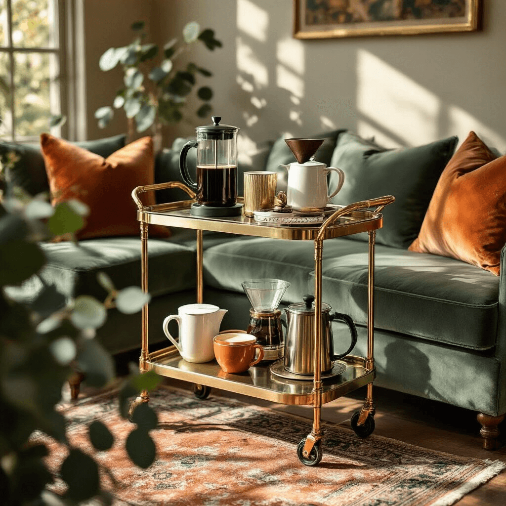 How to Create the Perfect Home Coffee Bar: A Comprehensive Guide Overhead view of a sophisticated mobile bar cart coffee station in a sunlit living room corner, featuring a French press, pour-over setup, and milk frother on the top tier, with terracotta and cream coffee accessories below; surrounded by sage green velvet cushions and a textured Persian rug, enhanced by ambient lighting and fresh eucalyptus branches.
