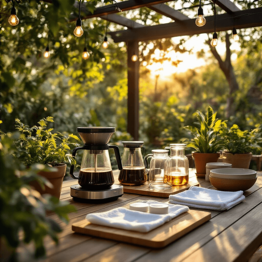 The Ultimate Guide to Cold Brew Coffee Makers: Brewing Perfection at Home A well-organized outdoor coffee maker maintenance setup on a teak dining table, featuring brewing components like mesh filters and glass carafes, surrounded by potted plants and string lights, illuminated by warm golden hour sunlight filtering through a pergola.