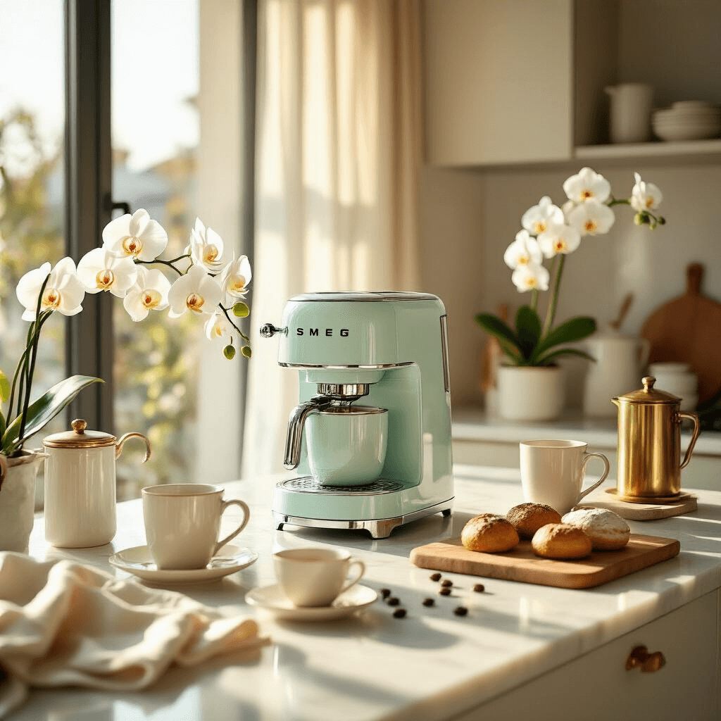 Smeg Coffee Maker Review: Is This Retro Stunner Worth the Splurge? Cinematic wide-angle shot of a modern apartment kitchen featuring a pastel mint Smeg coffee maker on white marble countertops, surrounded by vintage brass accessories, fresh white orchids, cream ceramic mugs, pastries on a wooden cutting board, and scattered coffee beans, illuminated by golden hour sunlight streaming through floor-to-ceiling windows.