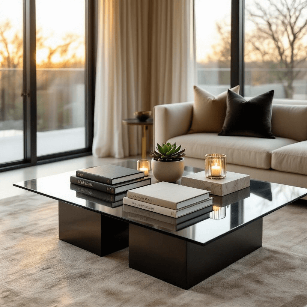 Coffee Table Styling: Transform Your Living Room's Focal Point Elegant modern living room at golden hour, featuring a glass coffee table with design books, a succulent, and glass votives, illuminated by sunlight through floor-to-ceiling windows, with a neutral palette and plush velvet cushions.