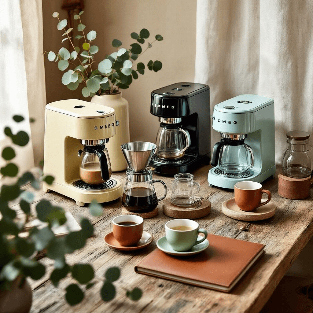 Smeg Coffee Maker Review: Is This Retro Stunner Worth the Splurge? Overhead view of a cozy coffee tasting setup featuring vintage Smeg coffee makers in cream, black, and pastel blue on a rustic wood table, with brewing accessories and ceramic cups surrounded by soft morning light and natural elements.
