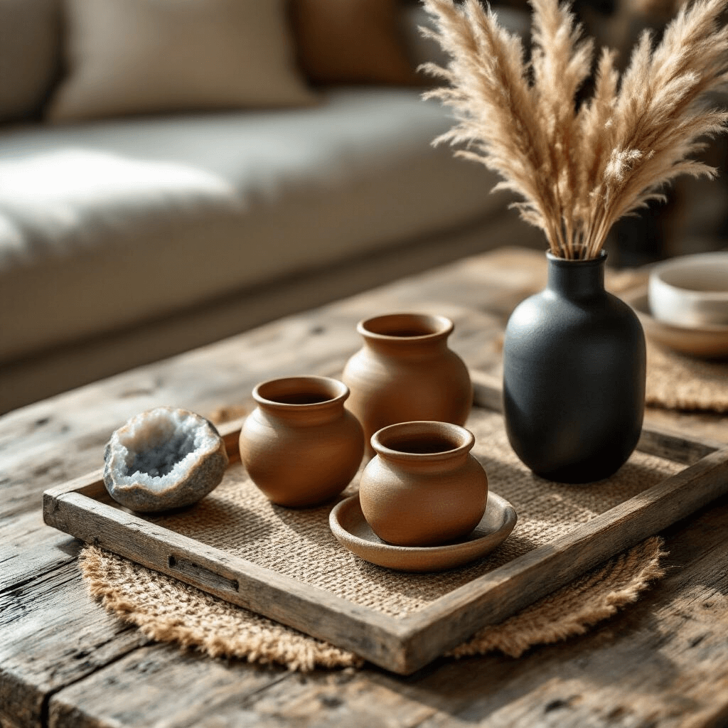 Coffee Table Styling: Transform Your Living Room's Focal Point Close-up detail of a rustic wooden coffee table featuring layered textures, with a reclaimed wood tray holding earthy terracotta ceramic vessels, woven jute placemats, and copper accents. A smoky quartz geode and dried pampas grass in a matte black vase complement the warm color palette of sage green, cream, and natural wood tones. Soft morning light highlights the intricate details and shadows.