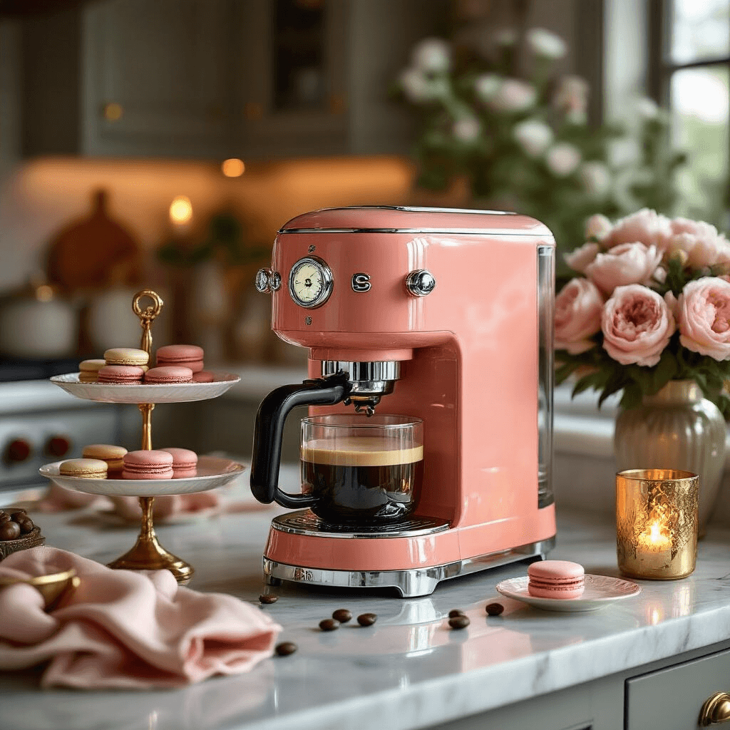Smeg Coffee Maker Review: Is This Retro Stunner Worth the Splurge? Close-up image of a luxurious kitchen counter vignette featuring a coral pink Smeg coffee maker, surrounded by smooth marble surfaces, brushed gold hardware, and ambient candlelight reflecting off crystal glassware. The scene includes silk napkins, a tiered cake stand with coffee beans and macarons, and fresh peonies in a vintage vase, showcasing a blend of functionality and high-end design.