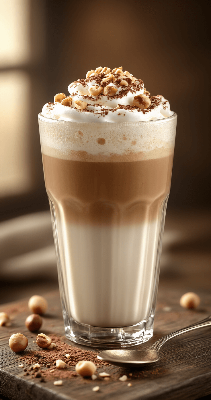Chocolate Hazelnut Coffee: The Ultimate Indulgent Brew A tall glass filled with layered chocolate hazelnut coffee topped with frothed milk foam and cocoa powder, surrounded by scattered crushed hazelnuts on a rustic wooden surface, illuminated by warm ambient light.