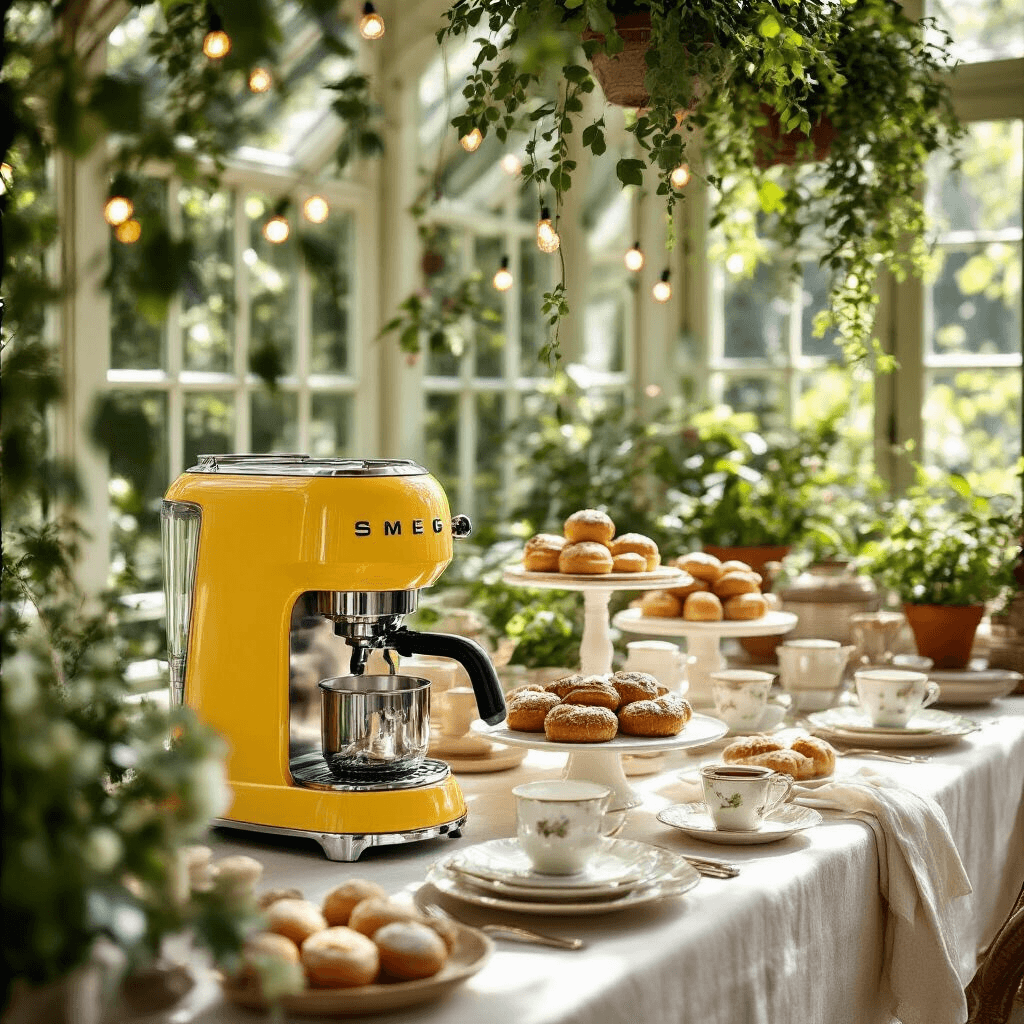 Smeg Coffee Maker Review: Is This Retro Stunner Worth the Splurge? A charming breakfast gathering in a sunlit conservatory, featuring a yellow Smeg coffee maker, ivory linen buffet table, vintage silver trays, fine bone china, and artisanal pastries on marble stands, with fairy lights among hanging greenery and natural sunlight illuminating the warm gold and sage green decor.