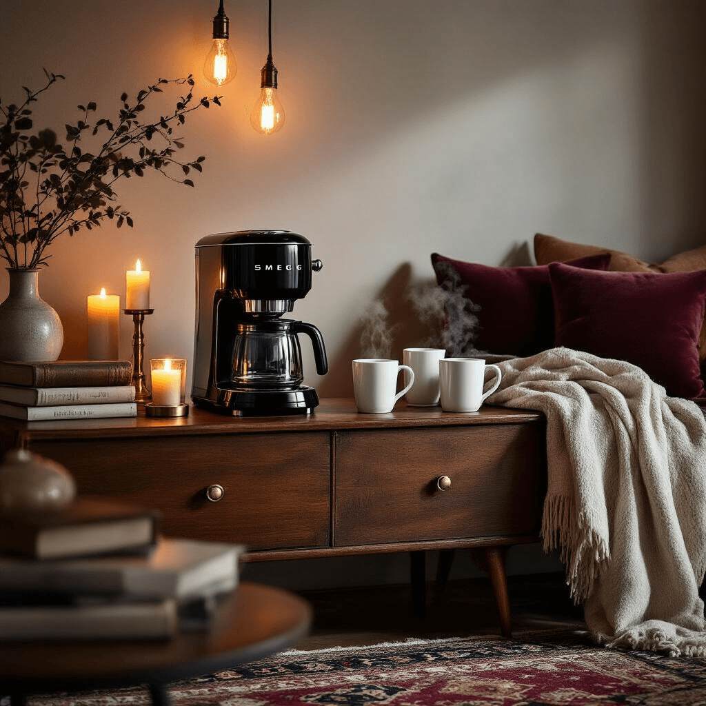 Smeg Coffee Maker Review: Is This Retro Stunner Worth the Splurge? Cozy evening coffee corner with a black Smeg coffee maker on a vintage sideboard, surrounded by soft lighting, velvet cushions, a Persian rug, and steaming white mugs, exuding a hygge-inspired ambiance.