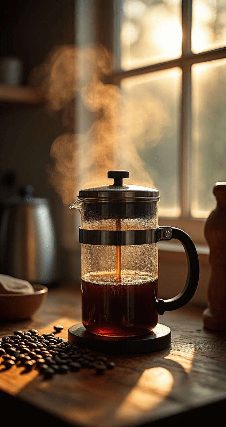Coconut Iced Coffee: The Ultimate Summer Refresher Cinematic close-up of coffee being brewed in a French press, with steam rising in warm morning light, rich amber liquid flowing into a glass carafe, and coffee beans scattered on a rustic wooden counter.