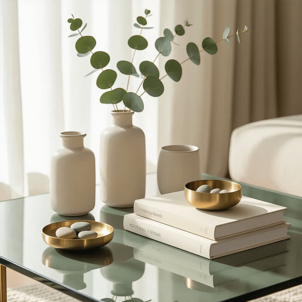 Coffee Table Styling: Transform Your Living Room's Focal Point A close-up of a contemporary glass coffee table showcasing a minimalist arrangement, featuring sleek ceramic vessels with dried eucalyptus, a stack of cream and sage design books, and a small brass dish with decorative stones, all illuminated by soft morning light filtering through sheer curtains.