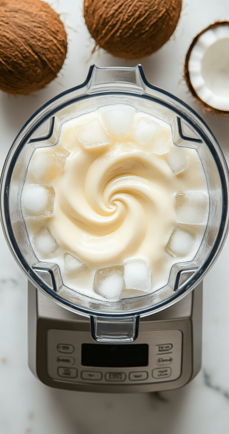 Coconut Iced Coffee: The Ultimate Summer Refresher Dynamic overhead shot of a high-speed stainless steel blender filled with swirling coconut milk and ice cubes, creating a frothy coconut slush, surrounded by fresh coconut shells and tropical elements on a marble countertop.
