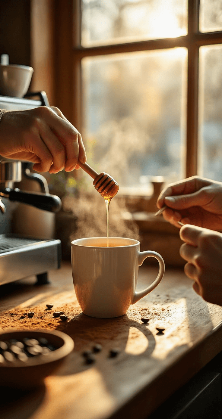 Honey Cinnamon Cappuccino: A Luxurious Homemade Coffee Experience Close-up of a barista's hands measuring golden honey from a wooden dipper into a white mug, with warm morning sunlight highlighting the honey on a rustic countertop sprinkled with cinnamon and coffee beans, and steam rising from an espresso machine in a cozy cafe setting.