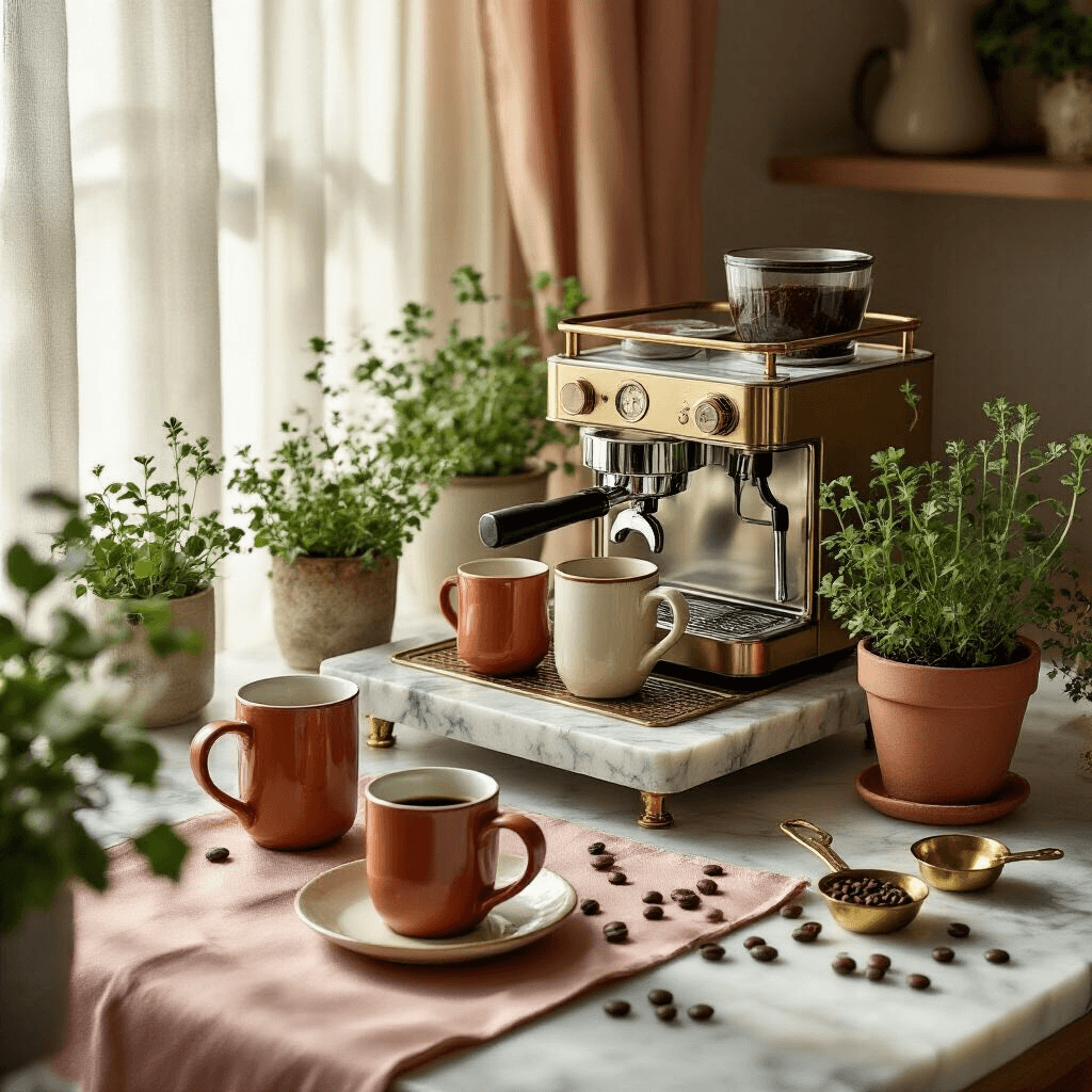 The Ultimate Guide to Creating a Stunning Coffee Station: From Home to Event Styling Overhead view of a luxurious coffee station setup featuring a marble and brass cart with high-end coffee equipment, artisanal ceramic mugs, potted herbs, and a blush pink silk table runner, surrounded by coffee beans and vintage brass measuring spoons, all illuminated by soft natural light.