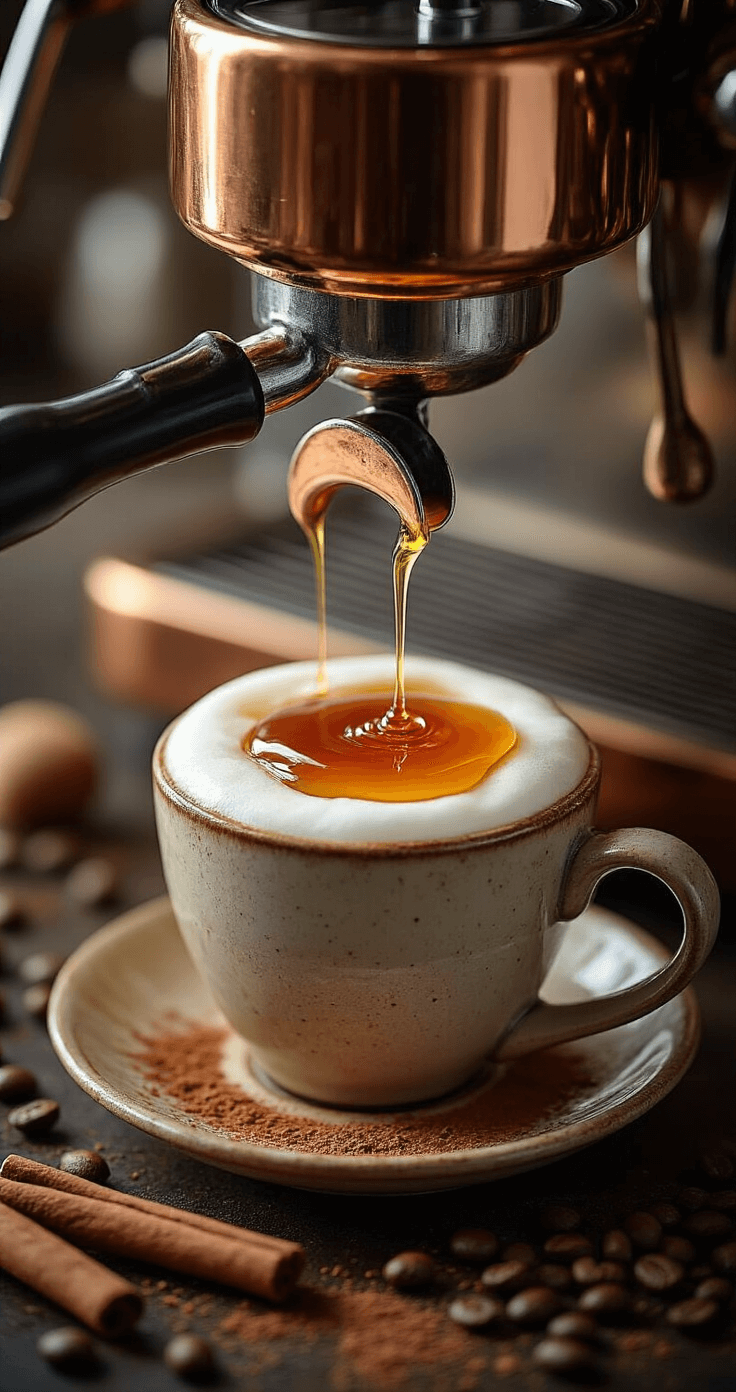 Honey Cinnamon Cappuccino: A Luxurious Homemade Coffee Experience Aerial view of an artisanal coffee assembly scene with dark espresso poured over honey in a ceramic mug, topped with creamy milk foam and sprinkled with cinnamon, set in a professional kitchen with a gleaming copper espresso machine and scattered coffee beans and cinnamon sticks.