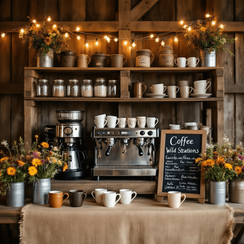 The Ultimate Guide to Creating a Stunning Coffee Station: From Home to Event Styling Close-up of a whimsical coffee station in a rustic barn with reclaimed wood shelves showcasing vintage coffee equipment, mason jars, and mismatched ceramic mugs in autumn colors. String lights illuminate burlap table runners, while galvanized buckets with wildflowers add color. A chalkboard with a hand-lettered coffee menu enhances the cozy farmhouse ambiance.