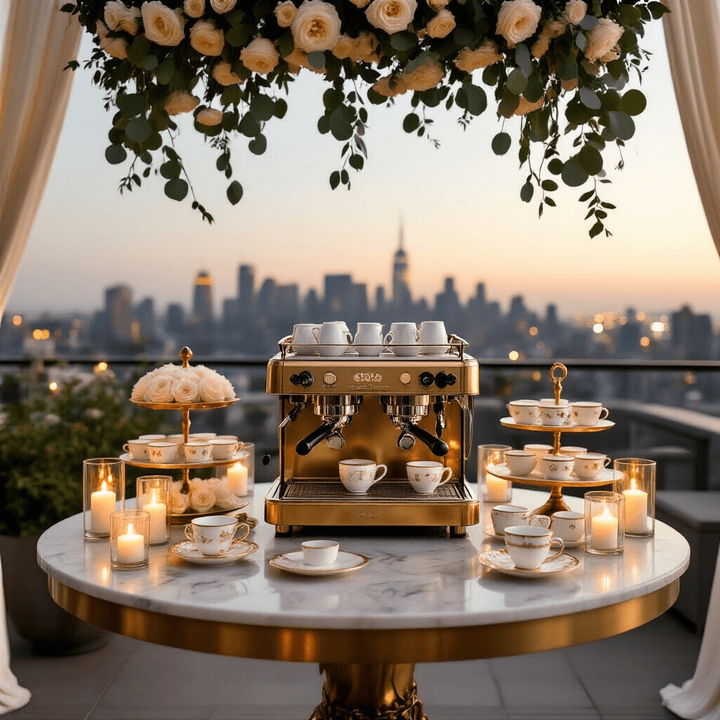 The Ultimate Guide to Creating a Stunning Coffee Station: From Home to Event Styling Cinematic wide shot of a sophisticated wedding coffee station on an elegant rooftop terrace, featuring a marble-topped table with a brass espresso setup, delicate ivory and gold china, cascading white roses, and glowing pillar candles amid soft drapery, all set against a twilight city skyline.