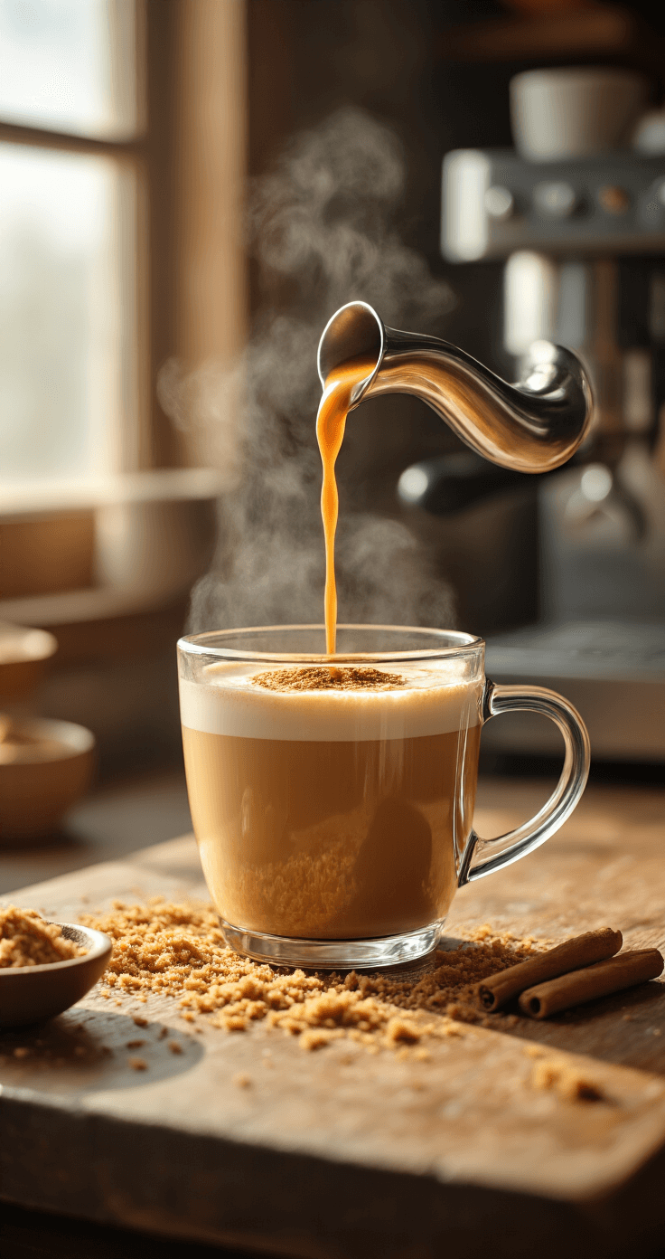 Oat Milk Brown Sugar Latte: Café-Quality Comfort in Minutes Cinematic close-up of steaming espresso being poured into a clear glass mug on a rustic wooden counter, with golden brown sugar and cinnamon scattered around, soft morning light illuminating the scene and creating gentle shadows.