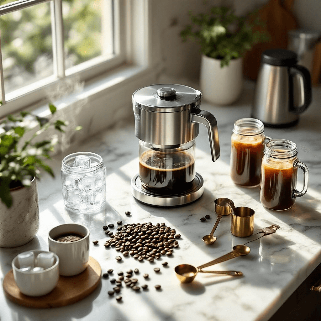The Ultimate Guide to Iced Coffee Makers: Brew Cool, Drink Better Photorealistic overhead view of a modern kitchen countertop featuring a sleek chrome iced coffee maker, surrounded by scattered premium coffee beans, glass mason jars of cold brew concentrate, and crystal-clear ice cubes, all illuminated by soft morning sunlight. The arrangement includes silk coffee filters, ceramic measuring spoons, and a vintage brass coffee scoop, with multiple insulated tumblers showing condensation, creating a rich color palette of espresso browns, creamy whites, and silver metallics, all captured with professional photography lighting.