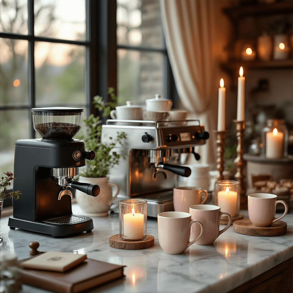 How to Create the Perfect Home Coffee Bar: A Comprehensive Guide Close-up of a luxurious coffee sanctuary with a marble and wood buffet, featuring a professional-grade coffee grinder, vintage glass canisters, blush pink and ivory mugs, flickering candles in brass holders, and sheer linen curtains, accented by custom coffee art and a leather-bound journal.