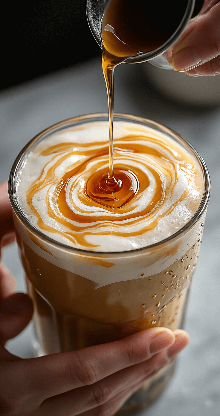 Oat Milk Brown Sugar Latte: Café-Quality Comfort in Minutes Dynamic overhead view of hands assembling an iced brown sugar oat milk latte, featuring spherical ice cubes, rich amber syrup drizzled elegantly, creamy oat milk creating marbled patterns, and condensation on a glass, all set against a modern kitchen counter with dramatic side lighting.