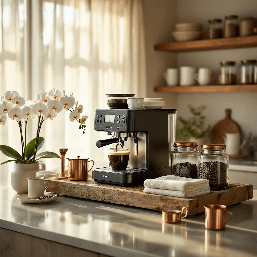The Ultimate Guide to Iced Coffee Makers: Brew Cool, Drink Better Elegant morning coffee station in a sunlit contemporary kitchen, featuring a premium dual-brew coffee system on a rustic wood cart, artisanal coffee accessories, fresh white orchids, and glass canisters with coffee beans, all enhanced by warm golden hour lighting.