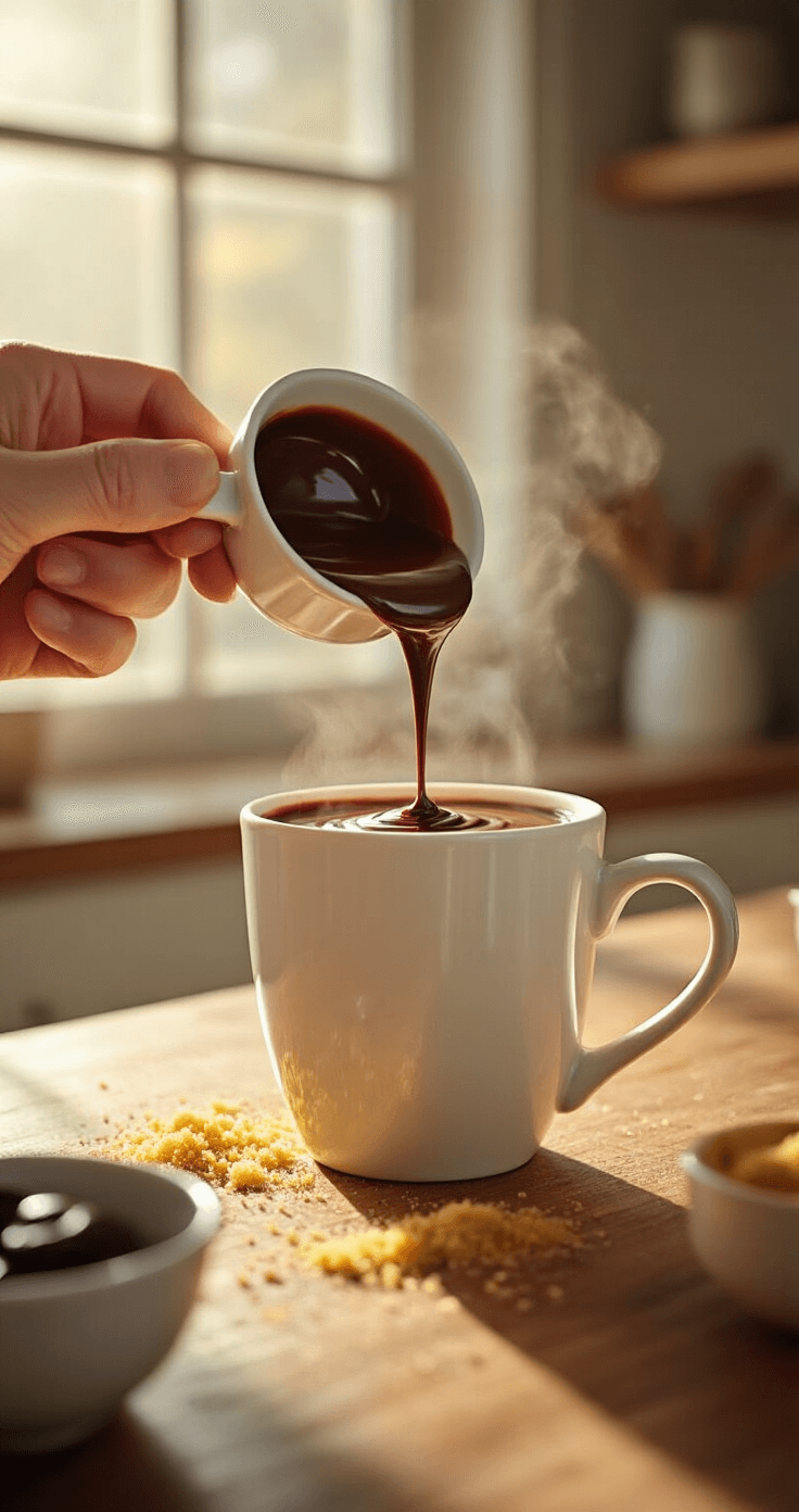 Classic Hot Mocha: Your Ultimate Homemade Comfort Drink Cinematic close-up of hands stirring dark chocolate syrup into a white ceramic mug, with golden sugar crystals dissolving and vanilla extract swirling, as steam rises in a cozy kitchen bathed in soft morning sunlight.