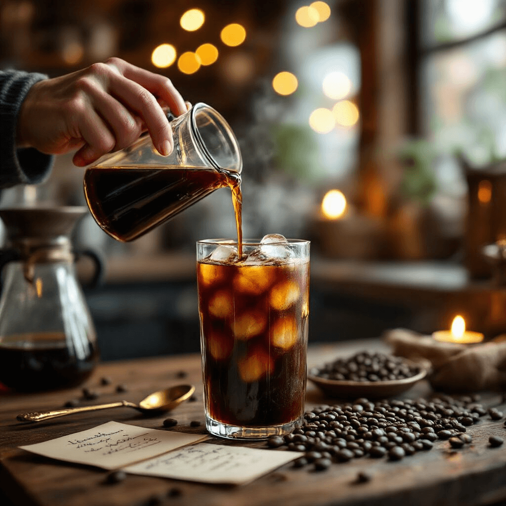 The Ultimate Guide to Iced Coffee Makers: Brew Cool, Drink Better Intimate close-up of cold brew coffee being poured from a Toddy system into a glass with ice spheres in a cozy cafe-style kitchen, surrounded by warm candlelight, fairy lights, velvet-textured coffee beans, vintage spoons, and handwritten recipe cards, captured with macro photography for detailed realism.