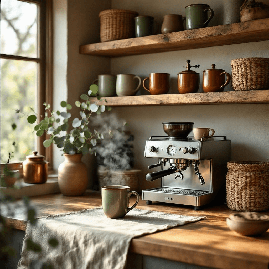 Creating Your Perfect Coffee Corner: A Comprehensive Guide to Home Coffee Nook Design Wide-angle view of a rustic coffee corner in a modern kitchen, featuring warm wood shelves with vintage coffee grinders and earthy ceramic mugs, a sleek espresso machine, woven jute baskets, fresh eucalyptus, and soft morning sunlight creating a cozy atmosphere.