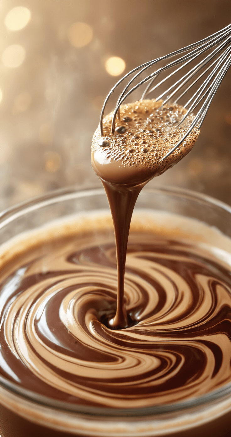 Classic Hot Mocha: Your Ultimate Homemade Comfort Drink Dynamic overhead shot of hot coffee cascading into a chocolate base, with a silver whisk blending the mixture, creating swirling marbled patterns in rich brown tones, surrounded by warm steam and soft bokeh lighting.