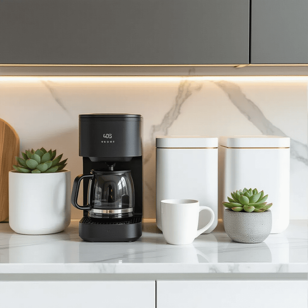 Creating Your Perfect Coffee Corner: A Comprehensive Guide to Home Coffee Nook Design Overhead view of a modern minimalist coffee station featuring a matte black coffee maker, sleek white storage containers, and a white ceramic mug next to a small succulent in a concrete planter on marble countertops, illuminated by soft LED under-cabinet lighting.