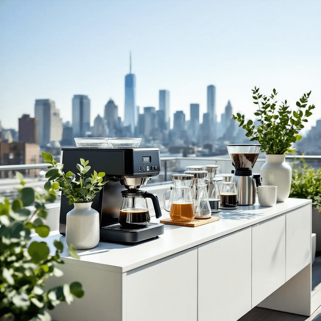 The Ultimate Guide to Iced Coffee Makers: Brew Cool, Drink Better Stylish rooftop coffee bar with a sleek ninja coffee maker and geometric glass vessels, set against a modern urban skyline under midday sun, showcasing a clean minimalist design and fresh eucalyptus branches in tall vases.