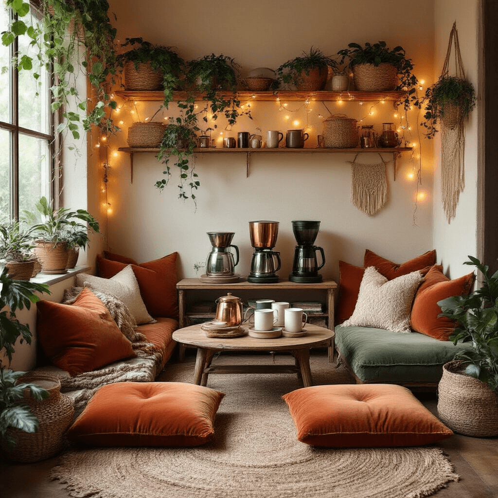 The Ultimate Guide to Iced Coffee Makers: Brew Cool, Drink Better Cozy living room coffee corner featuring bohemian styling, illuminated by warm string lights, with a low wooden table, plush velvet floor cushions in terracotta and sage, vintage coffee makers, trailing pothos plants, and layered textiles, all captured in a whimsical, richly textured atmosphere.