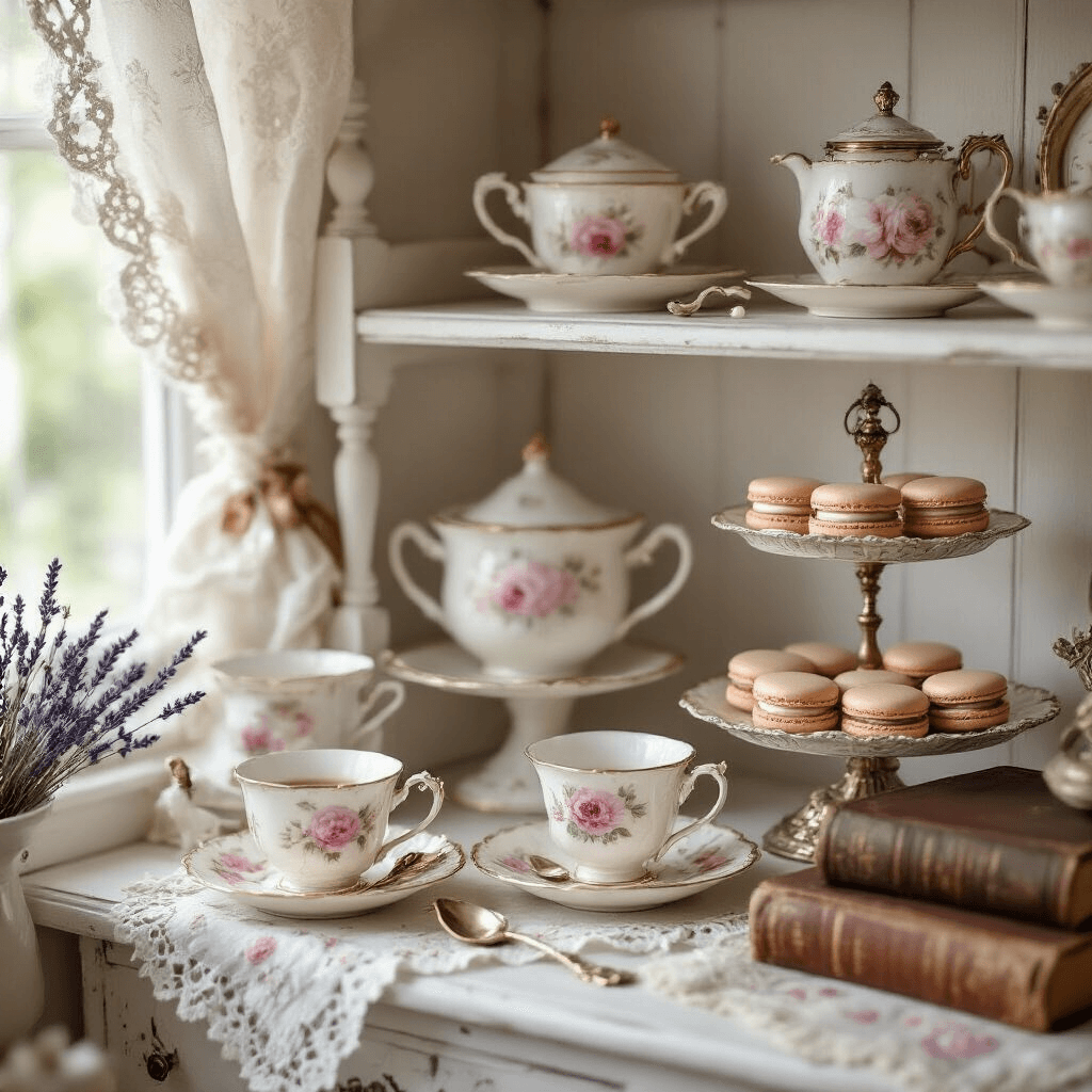 Creating Your Perfect Coffee Corner: A Comprehensive Guide to Home Coffee Nook Design Close-up of a vintage coffee nook featuring blush pink and cream floral chinaware, ornate white shelving, antique brass accessories, and a tiered silver cake stand with macarons, surrounded by soft afternoon light filtering through lace curtains.