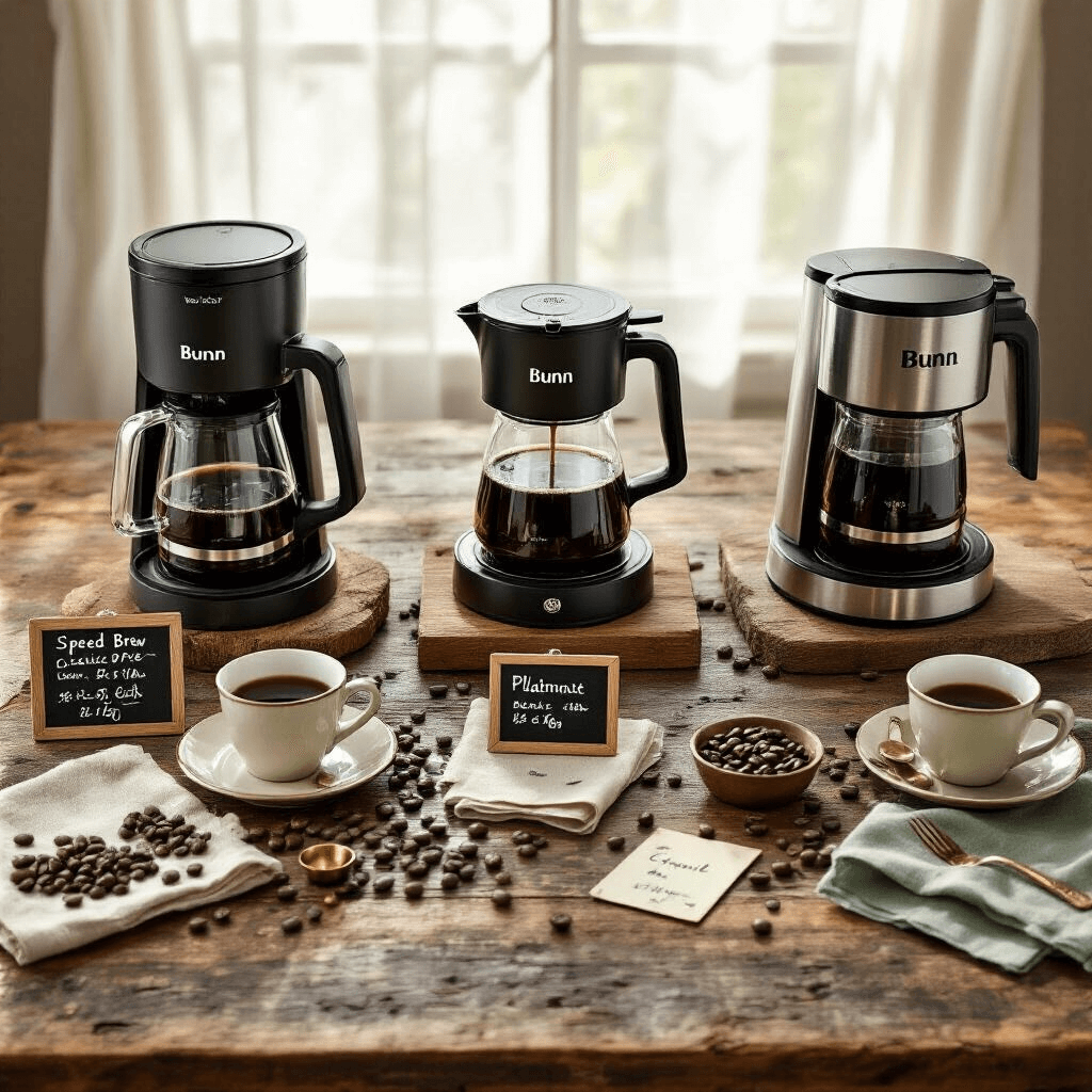 Bunn Coffee Maker: The Ultimate Home Brewing Companion for Coffee Lovers Overhead view of a rustic wooden table featuring three Bunn coffee makers—Speed Brew Classic, Elite, and Platinum Thermal—each with carafes of brewed coffee. The setup includes vintage brass nameplates, chalkboard price tags, and cream and sage green linen napkins, complemented by scattered coffee beans, measuring spoons, and handwritten tasting notes, all illuminated by soft natural light filtering through sheer curtains.