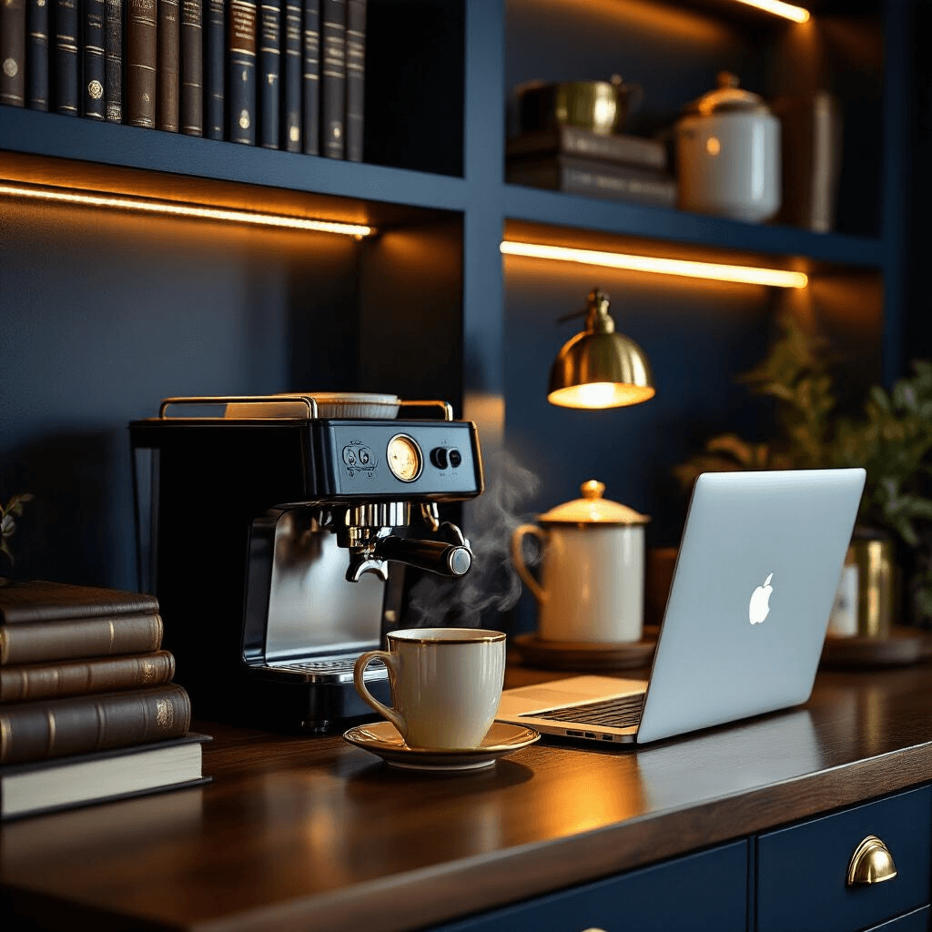 Creating Your Perfect Coffee Corner: A Comprehensive Guide to Home Coffee Nook Design A cozy home office coffee nook featuring warm LED strip lighting, deep navy walls, a sleek espresso machine, and a steaming ceramic mug beside an open laptop, enhanced by brass and ivory accents and layered illumination from natural and artificial light.
