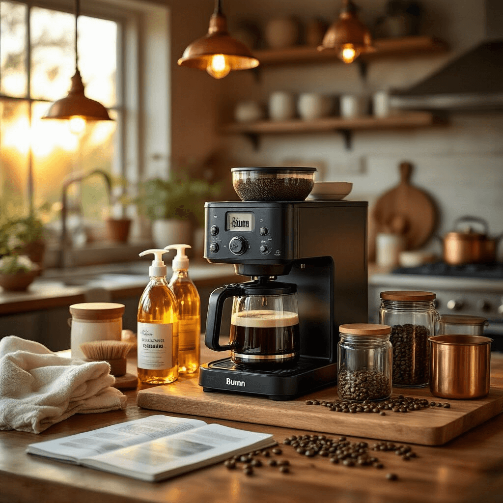 Bunn Coffee Maker: The Ultimate Home Brewing Companion for Coffee Lovers Cozy kitchen scene in warm lighting featuring a Bunn coffee maker, cleaning supplies, glass jars of coffee beans, an open manual, and copper-toned accessories, arranged to showcase coffee maintenance and brewing rituals.