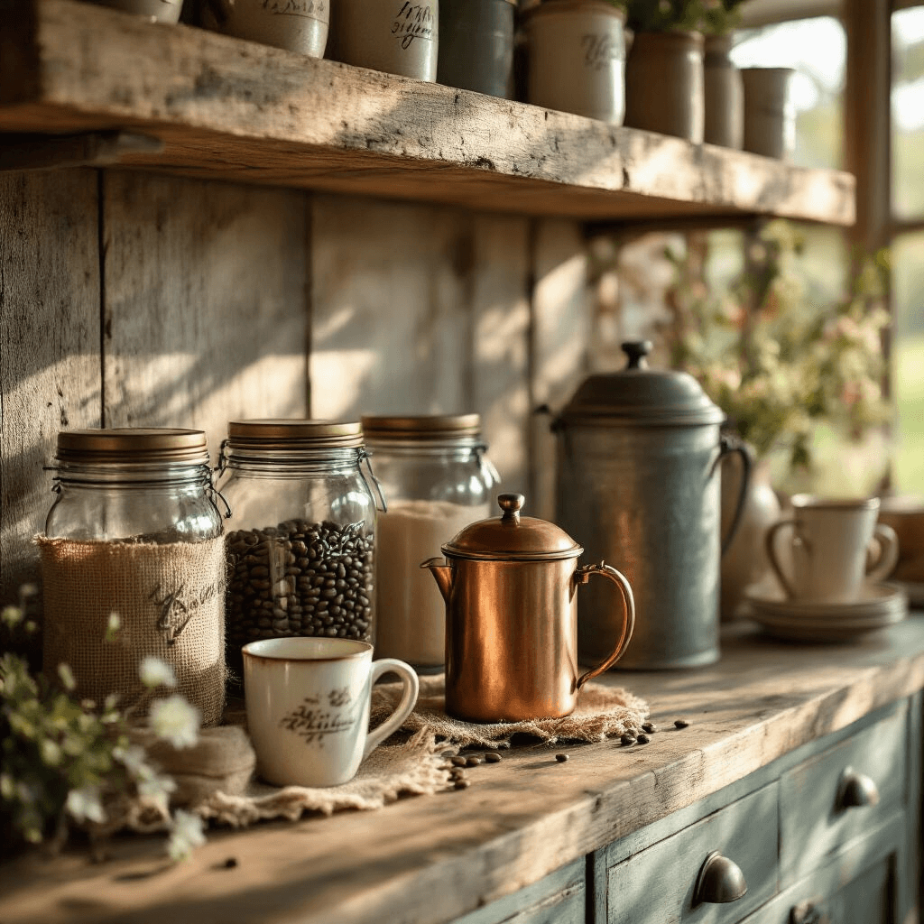 Creating the Perfect Coffee Nook: Your Ultimate Home Café Sanctuary Cinematic close-up of a farmhouse chic coffee station at golden hour, featuring rustic wood shelving, vintage mason jars with coffee beans and sugar, a copper French press, distressed metal canisters, and burlap and lace accents, all illuminated by natural sunlight that casts dramatic shadows.