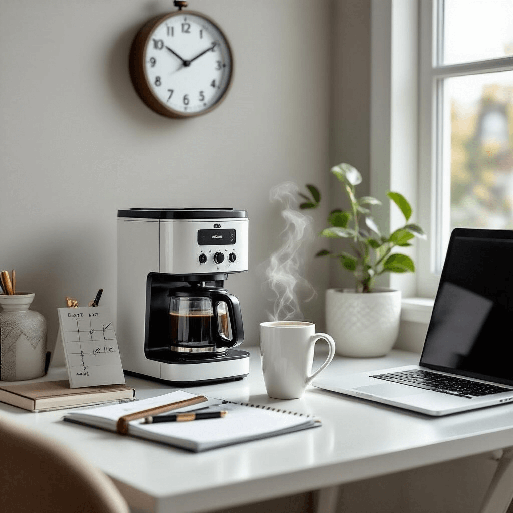 Bunn Coffee Maker: The Ultimate Home Brewing Companion for Coffee Lovers Elegant home office nook with a Bunn coffee maker, sleek white desk, laptop, daily planner, and steaming coffee mug, illuminated by soft morning light, conveying a productive and sophisticated vibe.