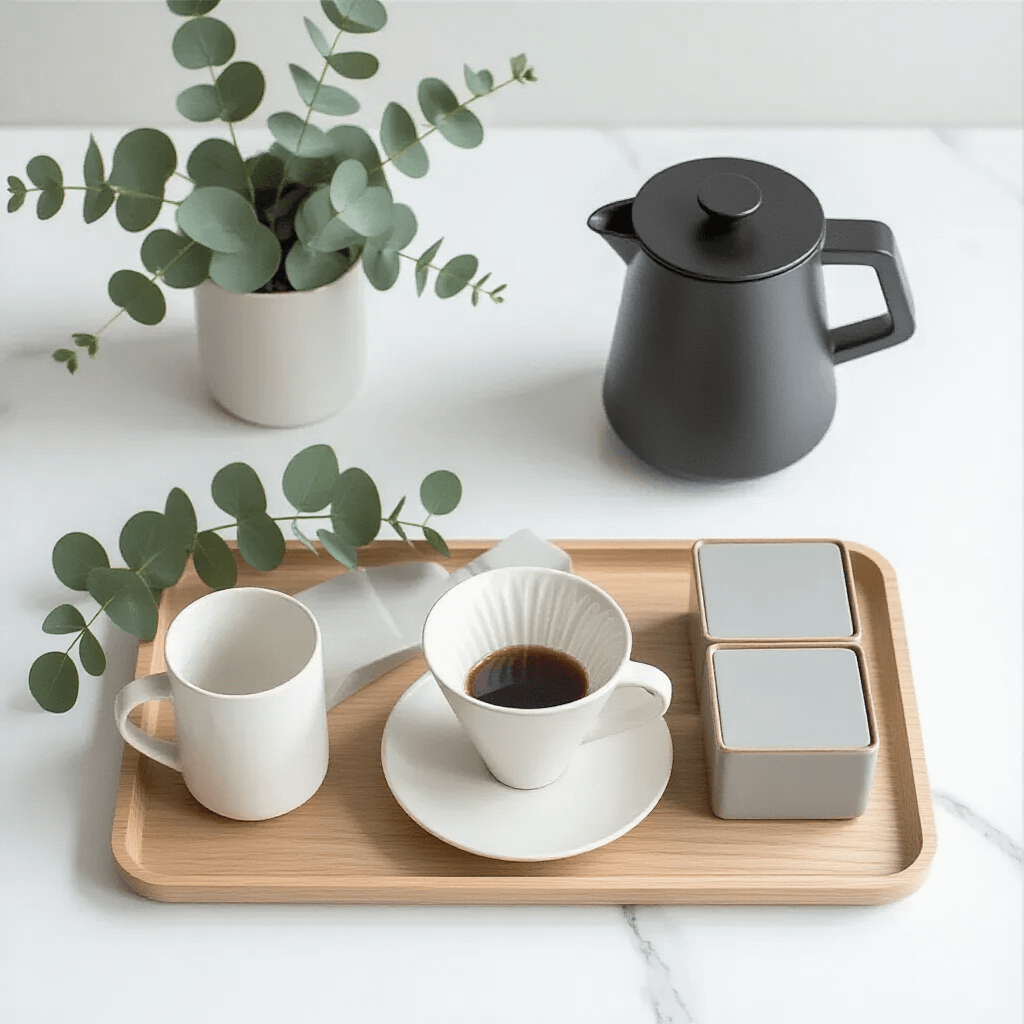 Creating the Perfect Coffee Nook: Your Ultimate Home Café Sanctuary Elegant flat lay of a Scandinavian coffee nook on a white marble countertop featuring a matte black coffee maker, white porcelain cups, light blonde wood tray, soft gray geometric containers, eucalyptus sprigs, and a white pour-over dripper, highlighted by soft, even lighting.