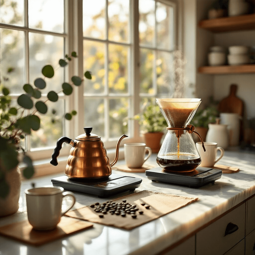 The Ultimate Guide to Pour-Over Coffee Makers: Brewing Perfection at Home Elegant indoor coffee brewing station in a sunlit modern kitchen, featuring a copper kettle and glass Chemex dripper on marble countertops, with scattered coffee beans and warm earth tones.