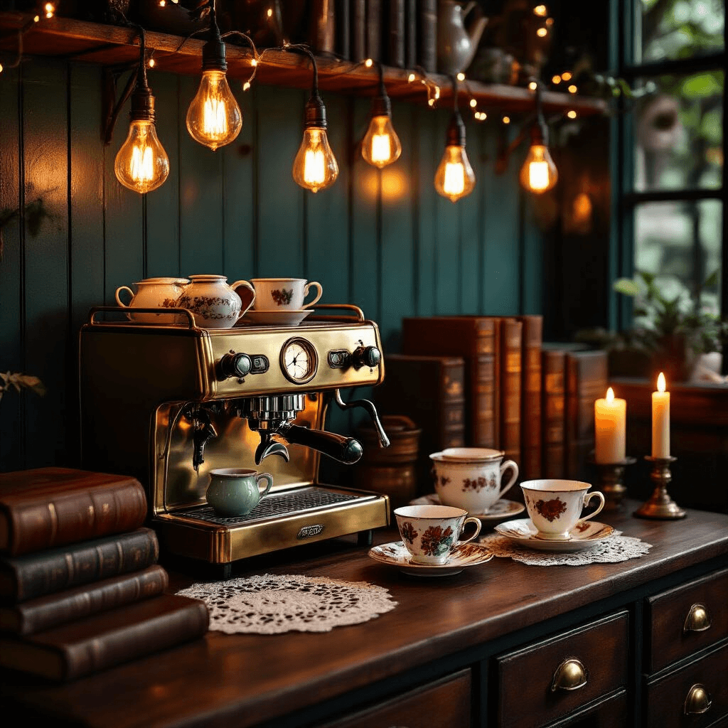 Creating the Perfect Coffee Nook: Your Ultimate Home Café Sanctuary A cozy vintage coffee corner illuminated by warm Edison bulbs and candles, featuring a brass espresso machine, mismatched jewel-toned teacups, repurposed spice drawers, leather-bound books, and lace doilies in an emerald and burgundy color palette.