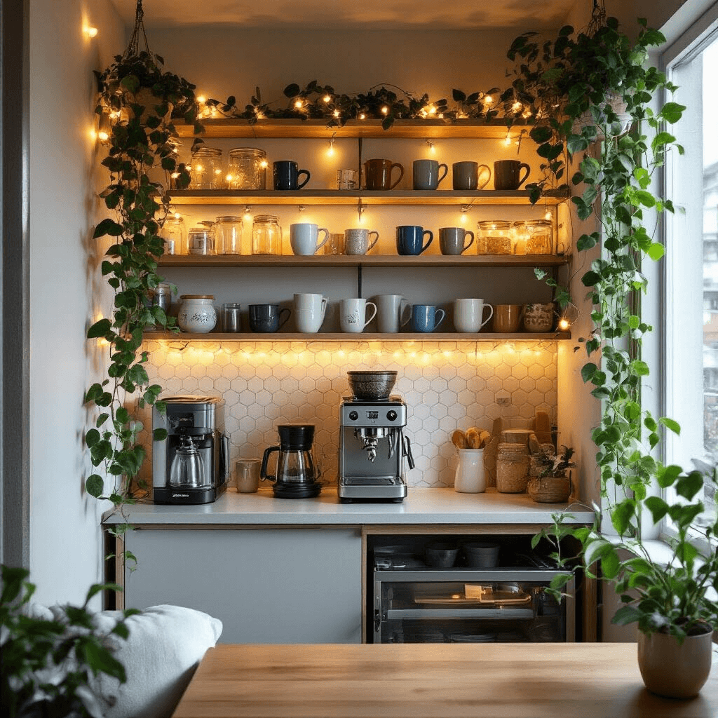 How to Create the Perfect Home Coffee Bar: A Comprehensive Guide Moody cinematic shot of a compact coffee bar in a modern apartment, featuring fairy lights, vertical storage with colorful mugs, a fold-away design, and trailing pothos plants against geometric wall tiles.