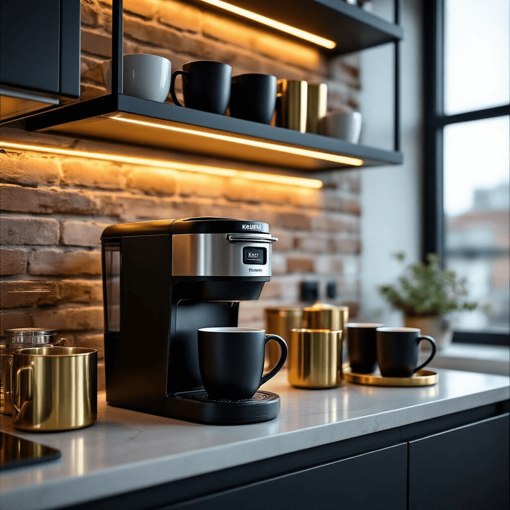 The Ultimate Guide to Creating a Stunning Keurig Coffee Bar: From Setup to Style Cinematic wide shot of a stylish modern apartment kitchen coffee bar featuring a premium stainless steel Keurig on a floating shelf with LED lighting, black and gold decor, and an exposed brick wall, captured during blue hour with reflections in the window.
