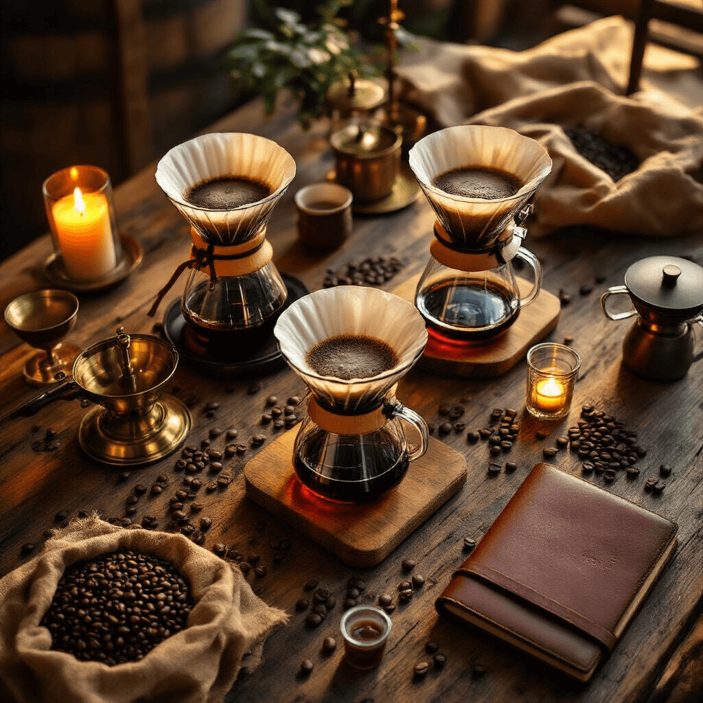 The Ultimate Guide to Pour-Over Coffee Makers: Brewing Perfection at Home Cinematic overhead shot of a rustic coffee tasting setup featuring pour-over drippers, warm candlelight, vintage brass scales, and spilling coffee beans, all bathed in golden hour light.