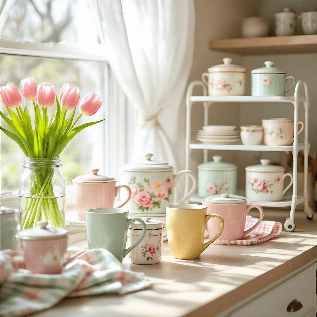 Creating the Perfect Coffee Nook: Your Ultimate Home Café Sanctuary Bright spring coffee display in a stylish kitchen nook, featuring pastel accessories, fresh tulips, and natural sunlight.