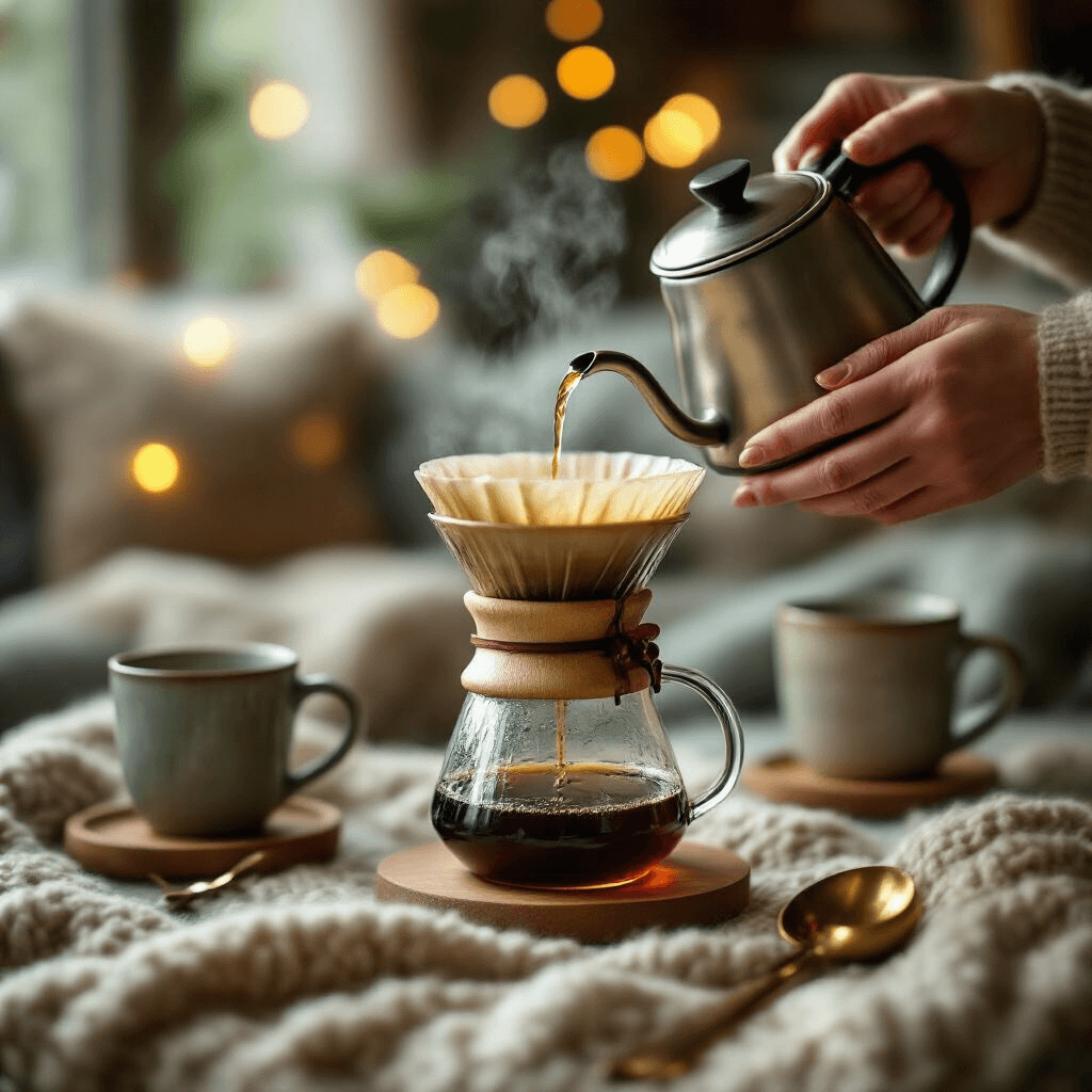 The Ultimate Guide to Pour-Over Coffee Makers: Brewing Perfection at Home Close-up of hands executing the pour-over bloom technique in a cozy living room, featuring a ceramic dripper on a glass carafe, hot water foaming over coffee, with fairy lights and warm textures creating an intimate, atmospheric scene.
