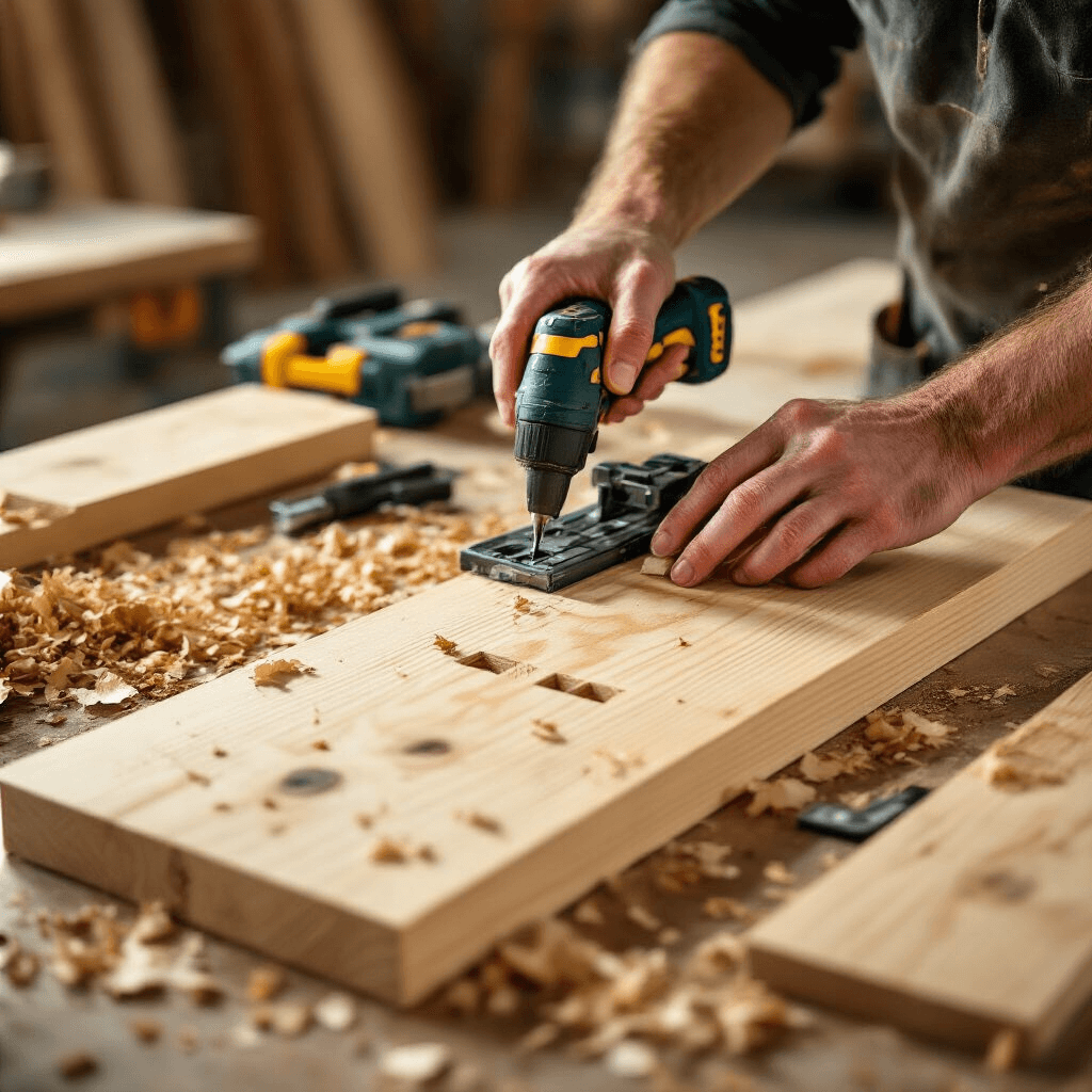 DIY Coffee Table: Your Ultimate Guide to Creating a Stunning Centerpiece Close-up of hands using a Kreg jig on pine wood boards in a well-lit workshop, with scattered wood shavings, professional tools nearby, and warm natural light highlighting the wood's grain and first coat of stain.