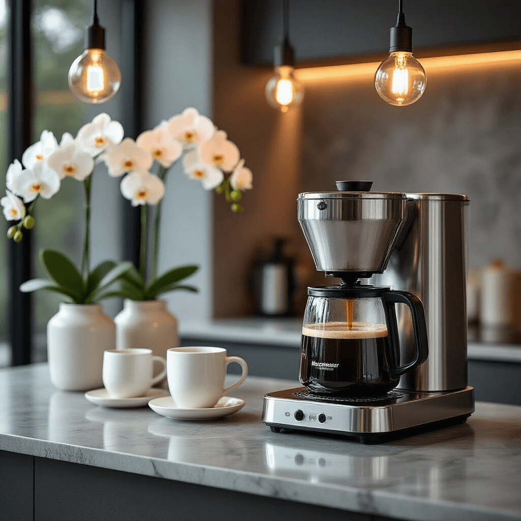 The Ultimate Guide to Pour-Over Coffee Makers: Brewing Perfection at Home Moody evening shot of a sleek Moccamaster pour-over coffee maker on a modern kitchen island, with steam rising from brewing coffee, illuminated by warm pendant lighting against dark marble and white ceramic accents.