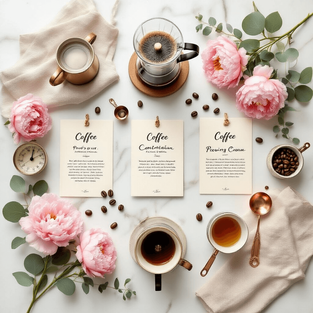The Ultimate Guide to Pour-Over Coffee Makers: Brewing Perfection at Home Whimsical flat lay of a coffee brewing comparison setup featuring five pour-over makers on a white marble surface, accented with blush pink peonies, eucalyptus, copper measuring spoons, and vintage scales, all illuminated by natural daylight.