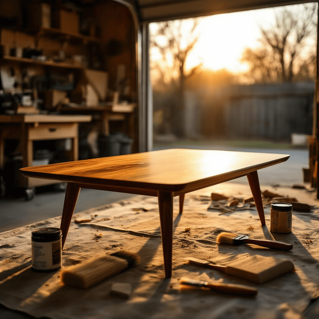 DIY Coffee Table: Your Ultimate Guide to Creating a Stunning Centerpiece A craftsperson applies the final coat of polyurethane to a mid-century modern coffee table in a stylish garage workshop, illuminated by golden hour light filtering through an open door, surrounded by tools and woodwork materials.