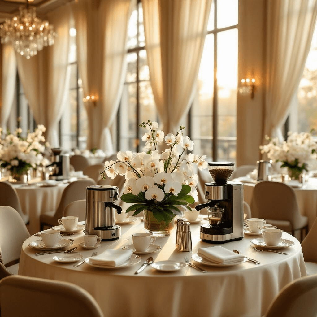 Fresh Brew Magic: The Ultimate Guide to Coffee Makers with Grinders A luxurious morning coffee tasting event in an elegant ballroom, featuring round tables with cream silk linens, fresh white orchid centerpieces, premium coffee makers, delicate bone china, and ambient lighting from crystal chandeliers, all illuminated by golden hour sunlight.